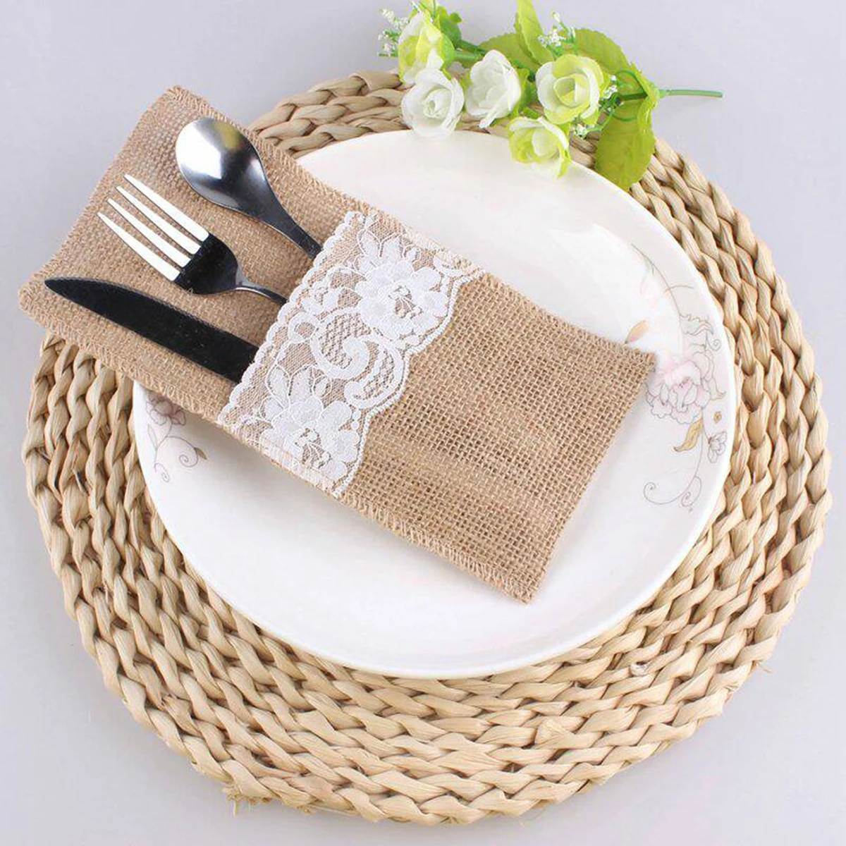 

6pcs Tableware Storage Bags Burlap Lace 21x11cm White Brown Cutlery Pockets Wedding Party Organizers Household Storage Solutions