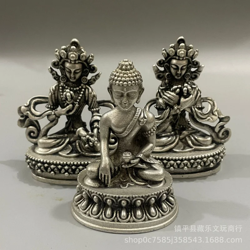 Tibetan-style small statue made of silver-plated white copper, featuring miniature Buddha figures
