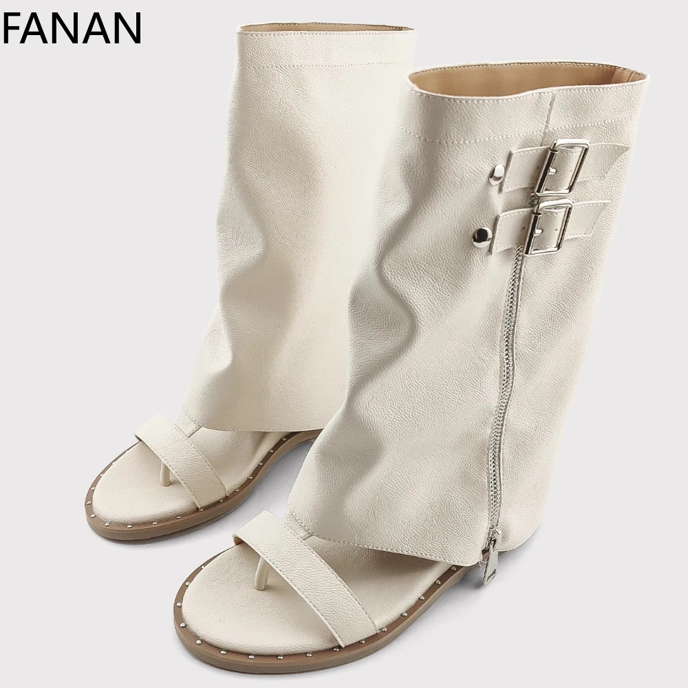 Original Inner Heightening Trousers Shoes White Sandals Heel Boots Women's 2025 Wedge Heel Thin Fashion Roman Short Boots