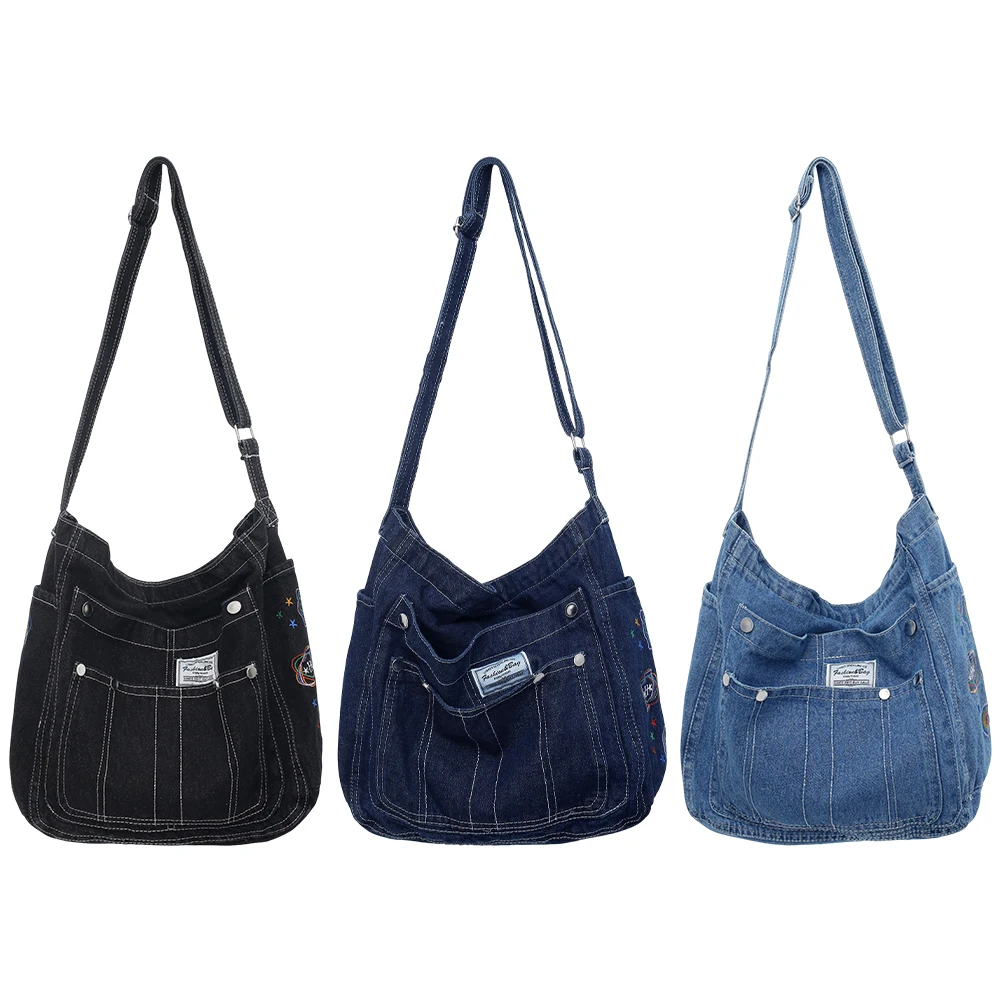 Bolsa jeans multibolso feminina, bolsa de ombro de grande capacidade, moda casual e simples, fim de semana