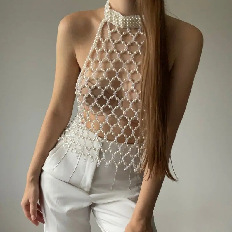 Summer Sexy French Bead Grid Tank Top Versatile Backless Hand Woven Bra Chain Music Festival Bikini Bead Top