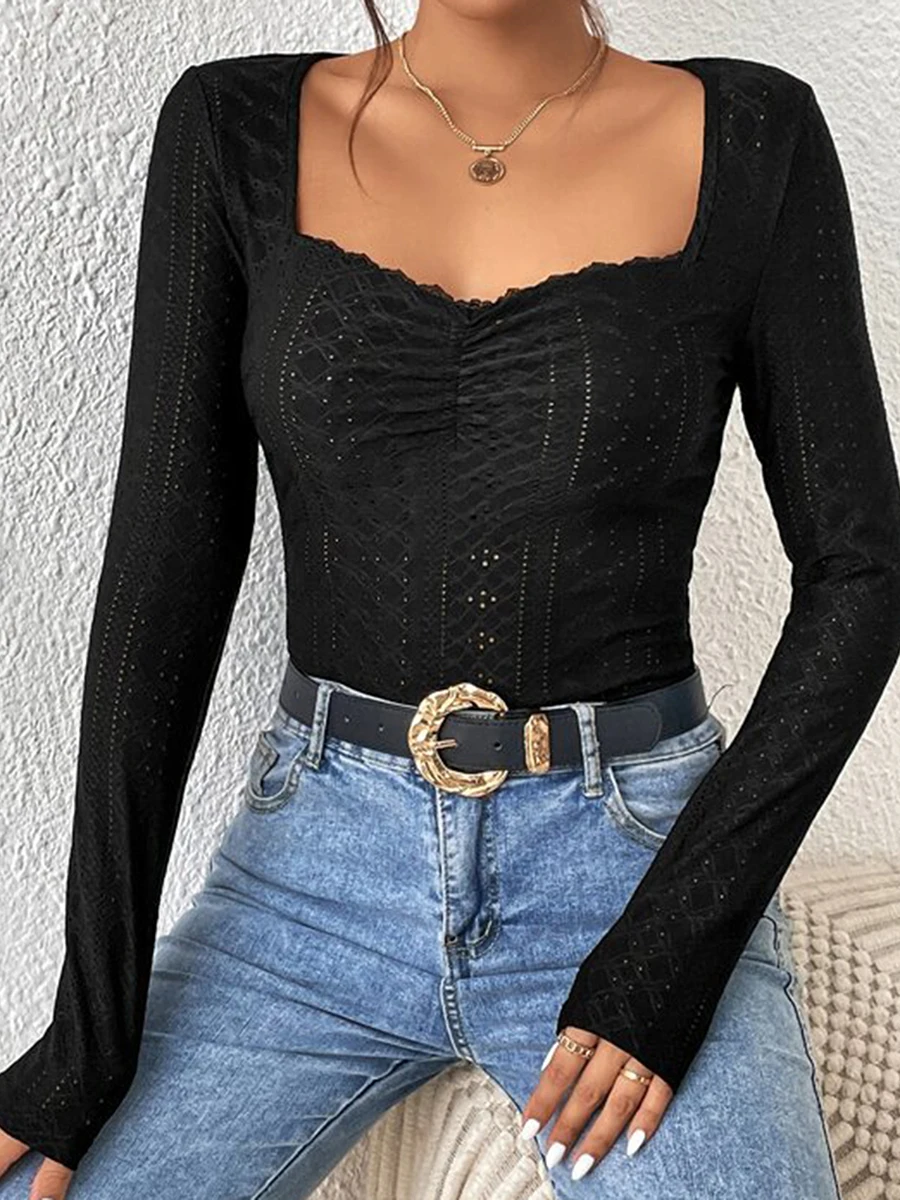 wsevypo Sweet Sweetheart Neck Fall T-Shirts Chic Fashion Women’s Long Sleeve Eyelet Cutout Dressy Blouse Slim Fit Basic Tees