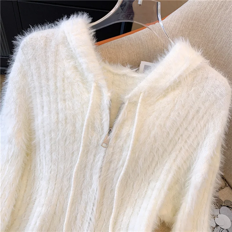 Zip-up Sweater with Hoodie Zipper Front Fuzzy Ribbed Knit Crop Cardigan Jacket for Women Teen-girl Y2K Acubi Fall Winter Outfit