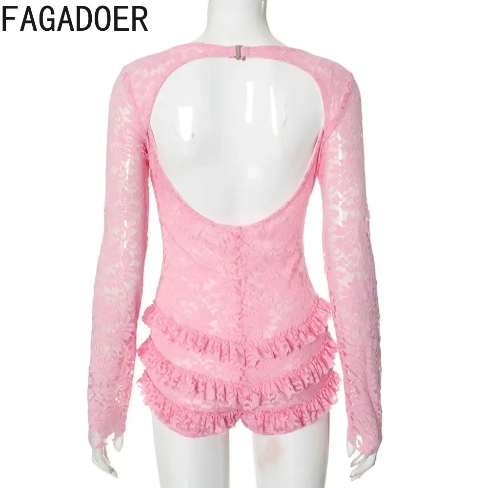 FAGADOER Pink Lace One Pieces Rompers Women Sexy Hollow Bow Patchwork Ruffle Ruched Bodysuits Overalls Hot Girl Party Clubwear