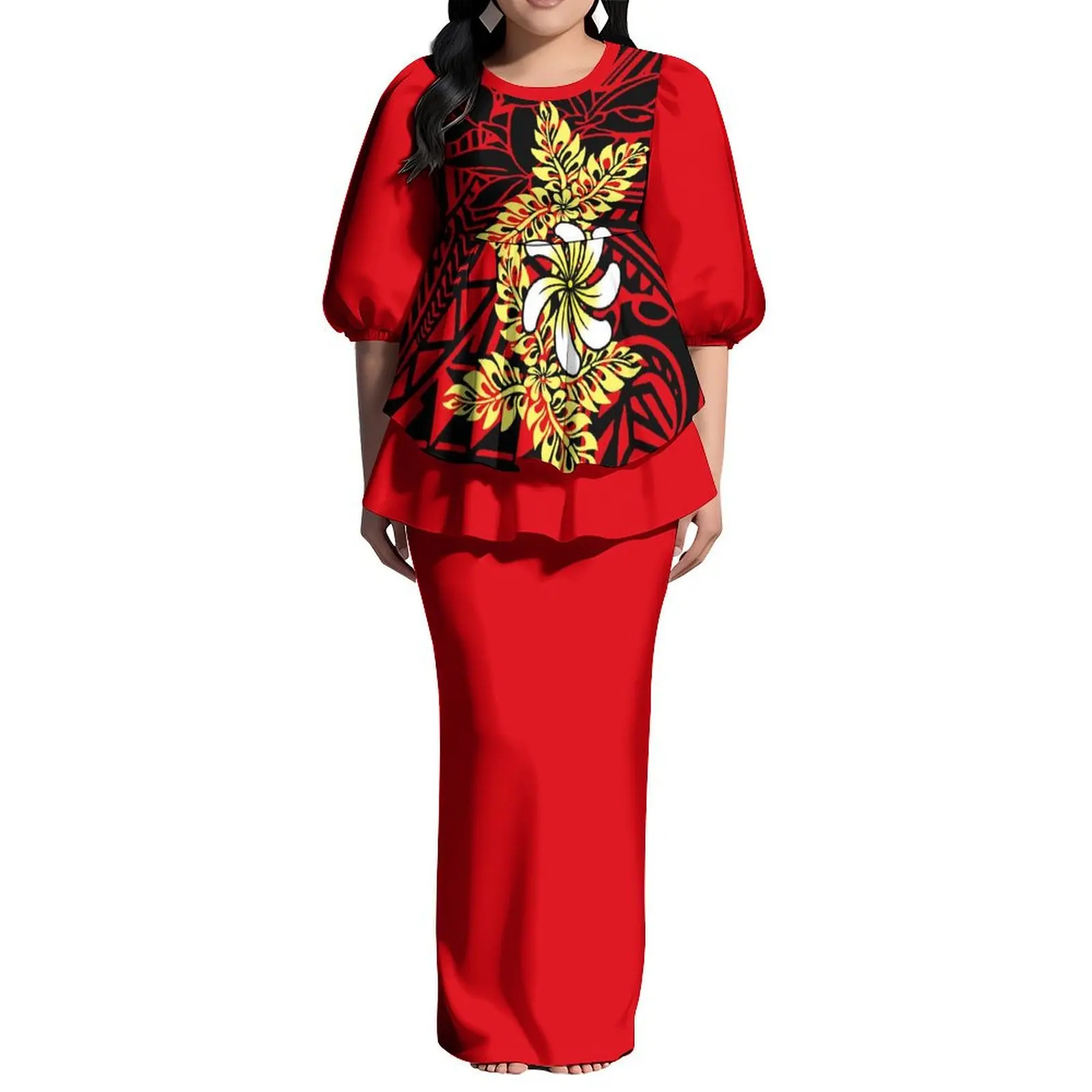 Polynésien Puletasi Puff demi manches deux pièces nouvelle-zélande femmes robe personnalisée grande taille col rond à volants longue robe Maxi