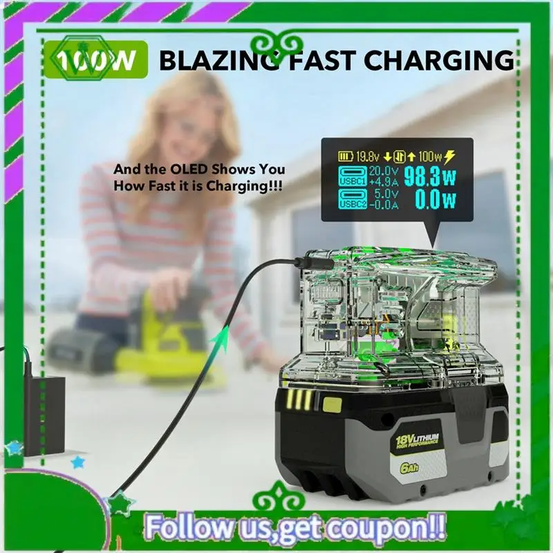 

Reliable-Fast Charger For RYOBI 18V ONE+ Battery Charger Lithium Battery 100W Fast Charger Two-Way Power Charger PSC Pro Max B