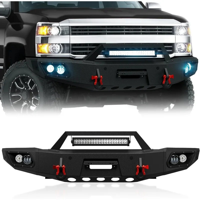 Pickup Truck Front Bumper   with Winch Plate, Sensor Holes, 5 x LED Lights, License Plate Bracket & D-rings, Black