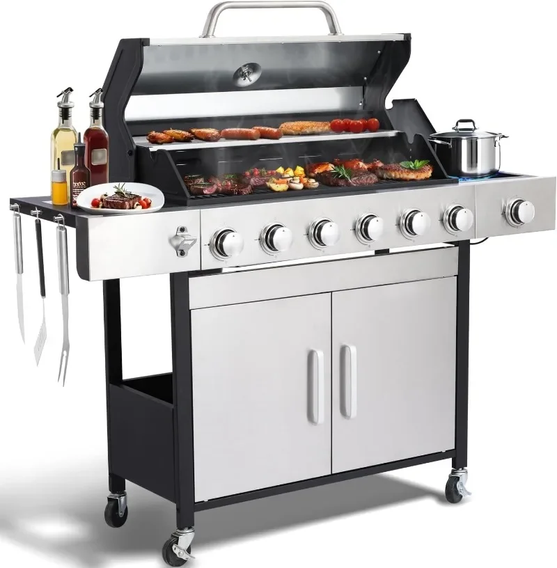 

39000 BTU Output Propane Gas Grill with Side Burner and 6 Main Burners-Double-layer Stainless Steel Lid Cast Iron Grids