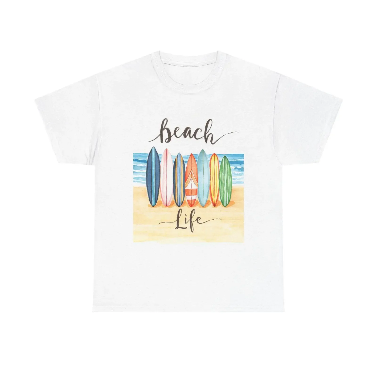 Beach Life surfboards T Shirt seaside watercolor ocean scene vintage Washed Stylish Casual Unisex Versatile Breathable
