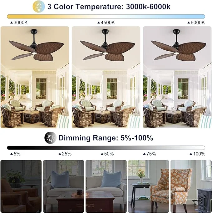 52'inch Ceiling Fan with IP55 Rating, Rattan ABS Blades & DC Motor ≤40dB, Dimmable CCT LED for Patio Gazebo, Waterproof Design