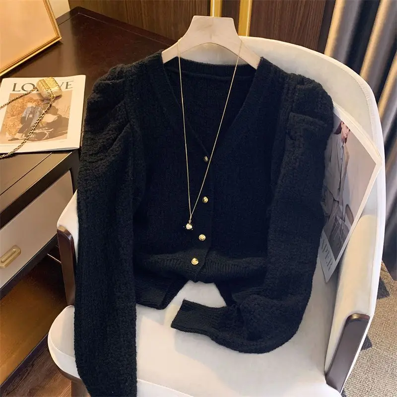 Fashion Solid Color Single-breasted Blouse Cardigan New Classic Long Sleeve V-neck Knitting All-match Lady Vintage Shirt 2023