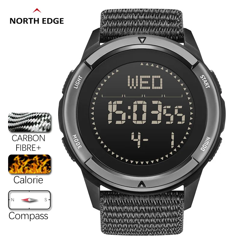 

NORTH EDGE ALPS Men's Digital Carbon fiber Watch Shock Militray Sports Super Light Outdoor Compass Waterproof 50M Wristwatches