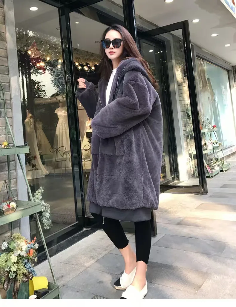 Women\'s dress Winter sweater Winter long plus size rabbit fur coat Women\'s hooded coat New zipper thick warm fluffy clothes