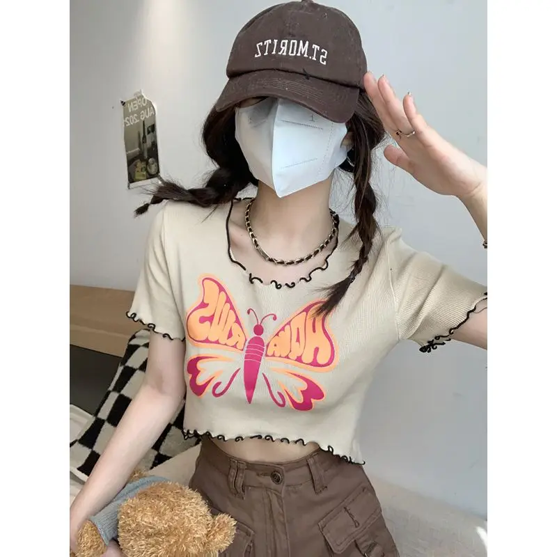 Summer Trend Printing O-neck Short Sleeve Top Tee Femme Sweet Pleated Pullover Slim Thin T-Shirt Women Clothing Fashion Crop Top