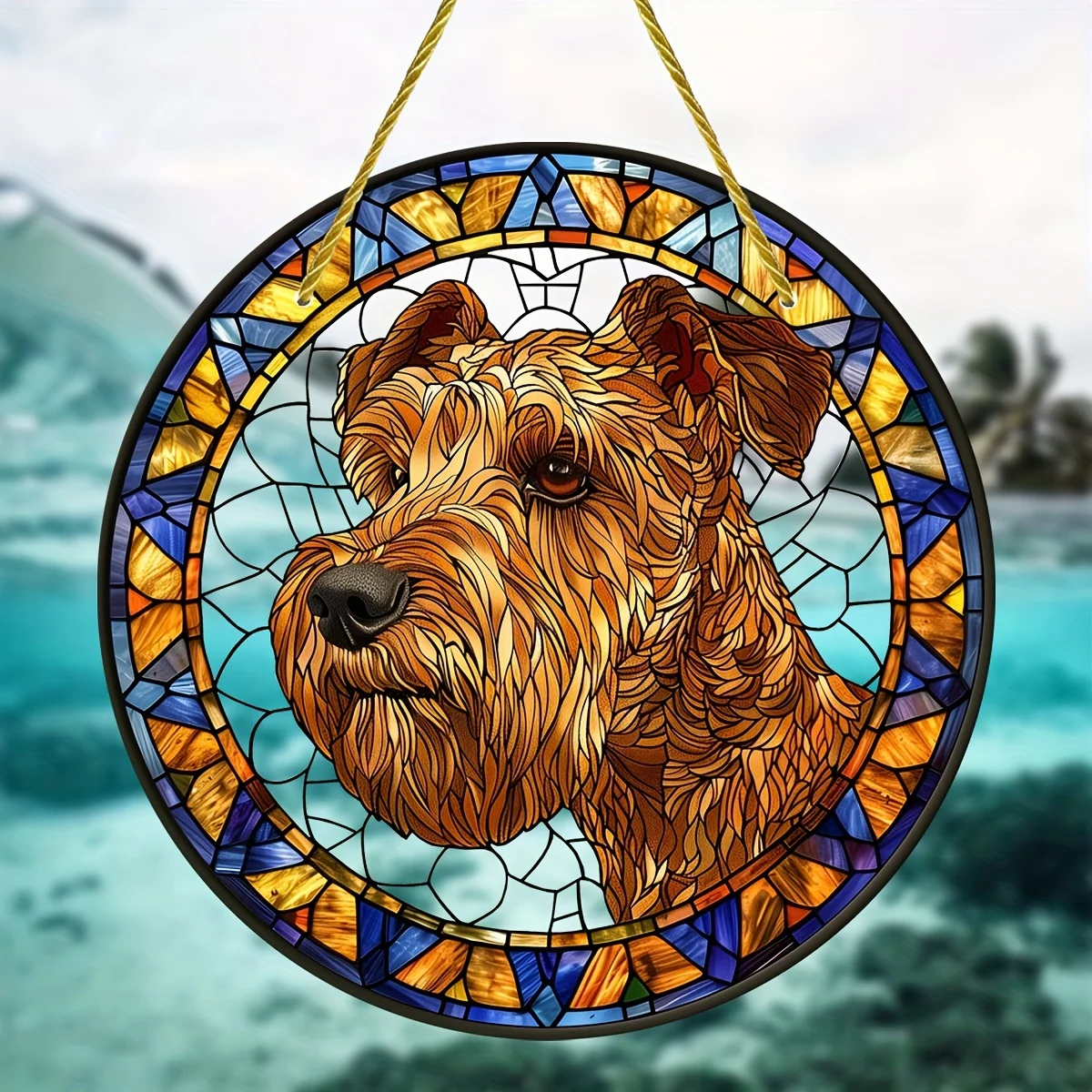 Lakeland Terrier Stained Glass Window Hanging Suncatcher-Round Acrylic Sign,Perfect for All Seasons,Wreath,Home,Garden Decor