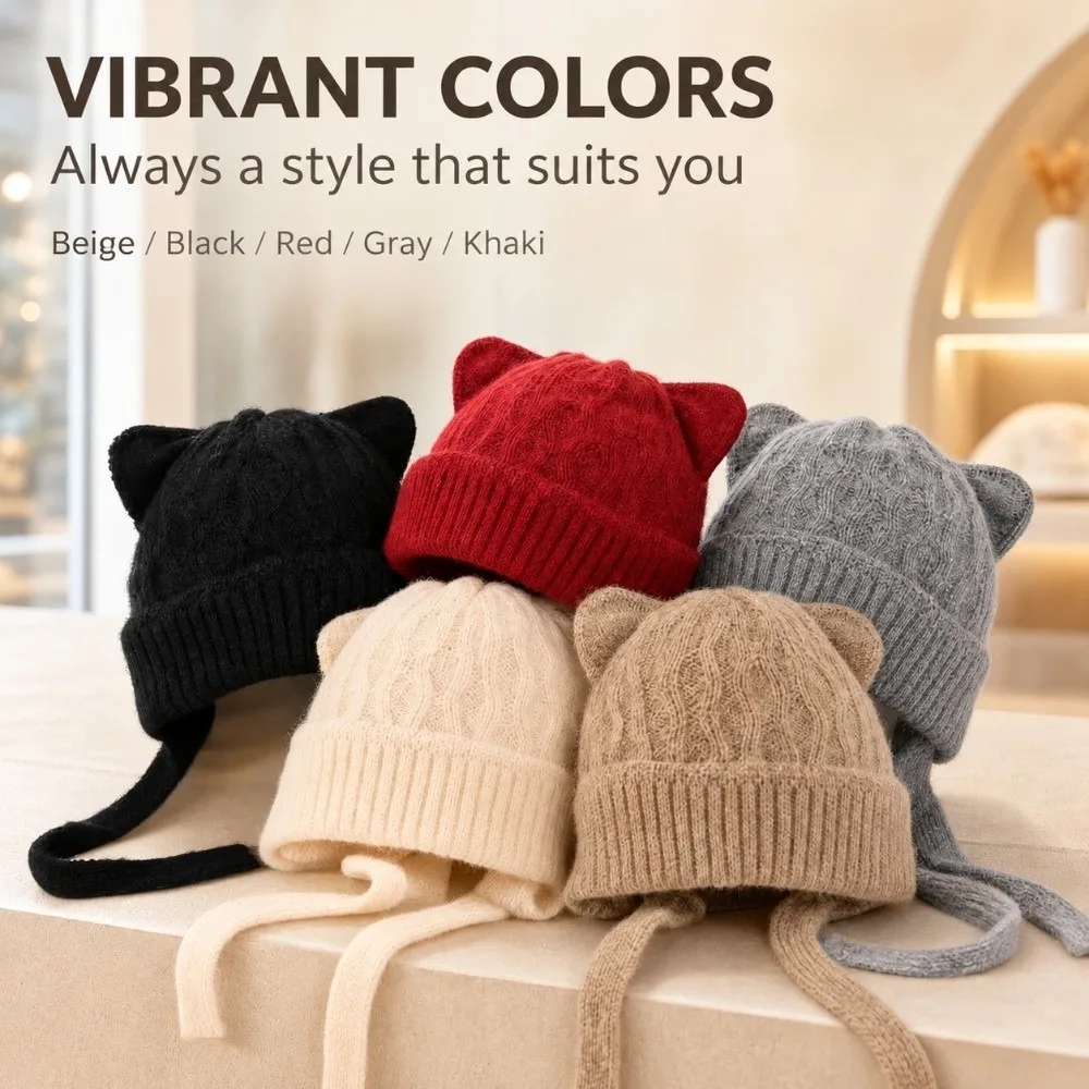Windproof Cat Ear Knit Hat Warm Knitted 3D Cat Ear Soft Beanie Skin Friendly Stretchy Fit Head Cover Cold Weather Daily Wear