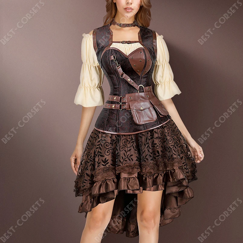 Steampunk Corset Dress Pirate Costume  for Women Halloween Medieval Blouse Gothic Faux Leather Corset Dress With Straps Brown