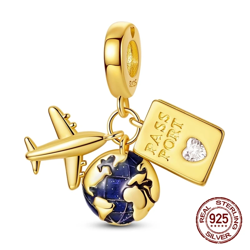 

925 Sterling Silver Gold Travel-Themed Globe Airplane Passport Pendant Charm Fit Original Charm Bracelets Women DIY Jewelry Gift