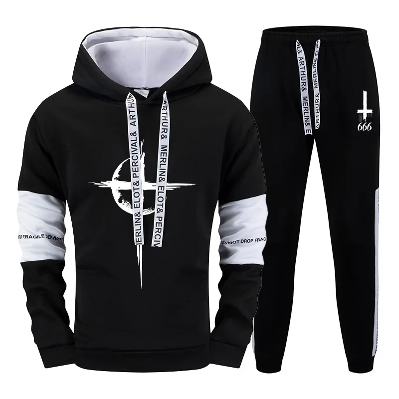 

Satan Inverted Cross Print Men's Hooded Sweatshirt Sweatpants Urban Fashion Hoodie Streetwear Autumn Winter Casual Sporty Outfit