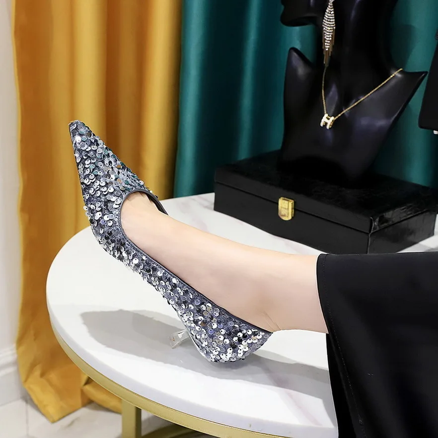 

New Version Fashionable Elegant Banquet Glittering Sequin Women's Shoes With Shallow Cut Pointed Toe Shiny Women Pumps