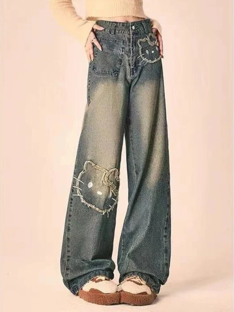 Pantalones vaqueros Retro bordados para mujer, Vaqueros ajustados de pierna recta, informales, holgados, moda de verano