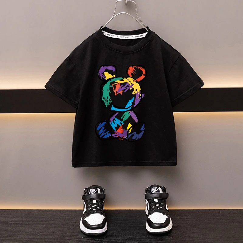 

Boys Cotton T-shirt Cartoon Graffiti Bear Printed Girls Tees Summer Short Sleeve Children Tops High Quality Casual Kids Clothes