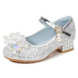 Scarpe da ragazza tacchi alti 2023 primavera e autunno nuove scarpe da principessa per bambina in pelle di paillettes scarpe di cristallo per bambini di moda 25-38