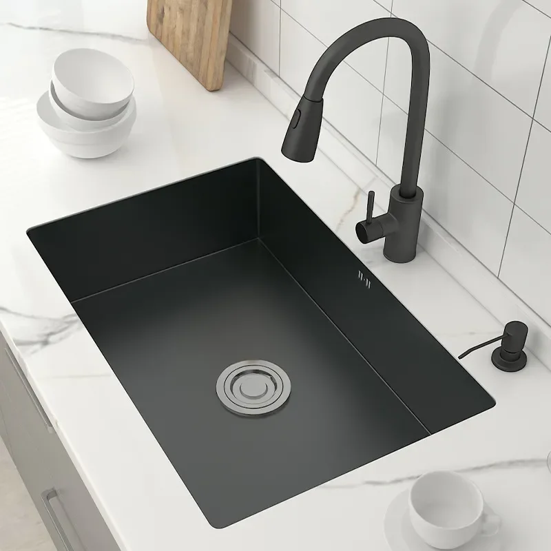 Black Stainless Steel Kitchen Sink Undermount Single Bowl Deep Square Basin Embedded Vegetable Washing Dishwashing Sink