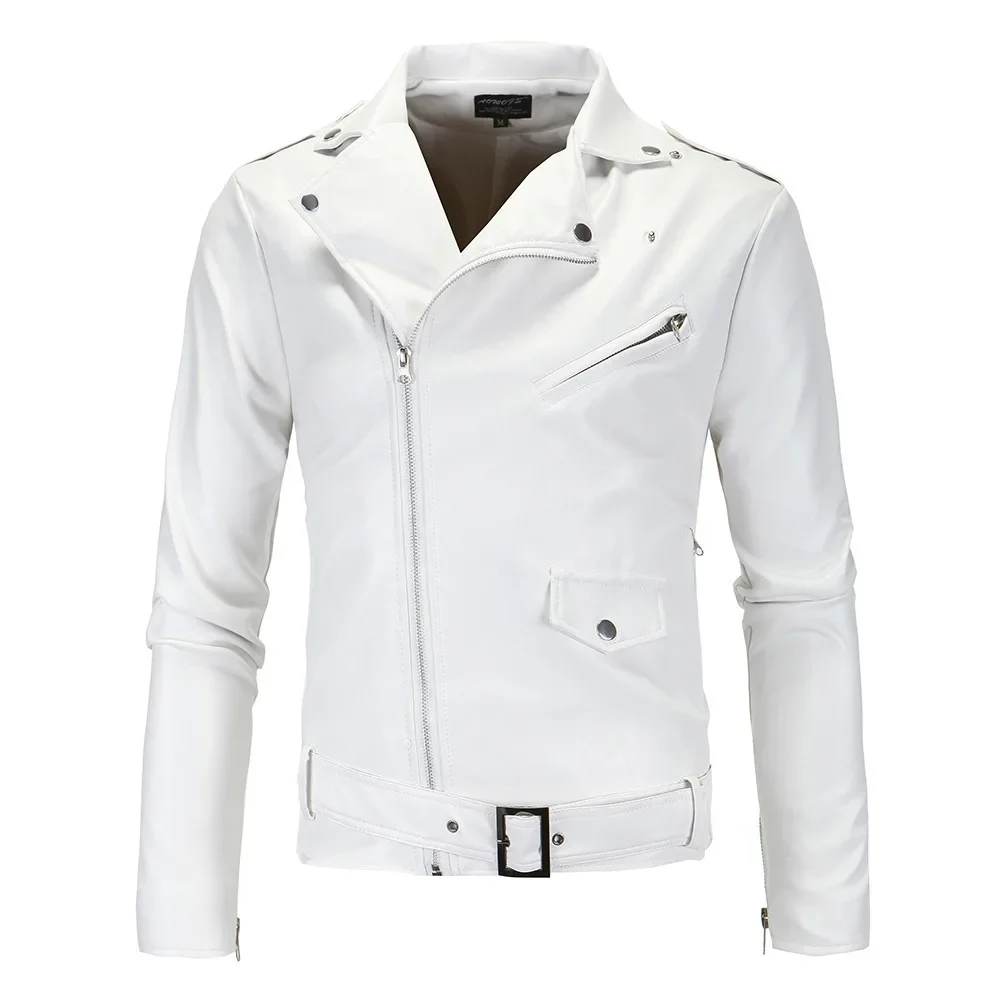 

2023 Men's Spring and Autumn Motorcycle Slim Fit Leather Clothes Standing Collar Cutting Oblique Zipper Leather Clothes Leather
