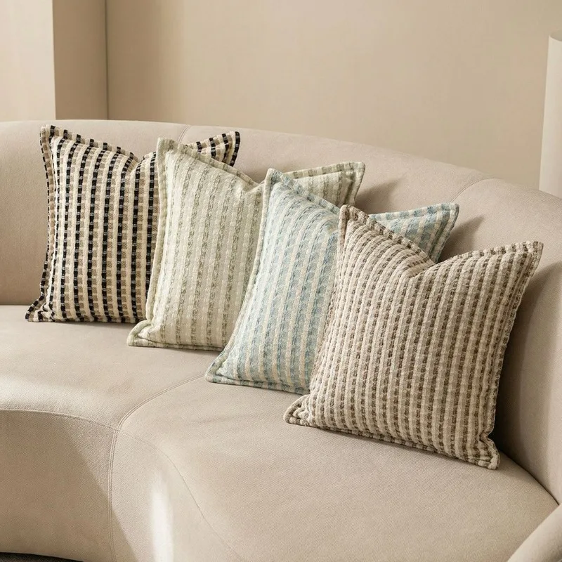 Fashionable Retro Striped Weaving Jacquard Pillow Cover Double Sided Chenille Edge Pressed Cushion Cases for Home Decor 45x45cm