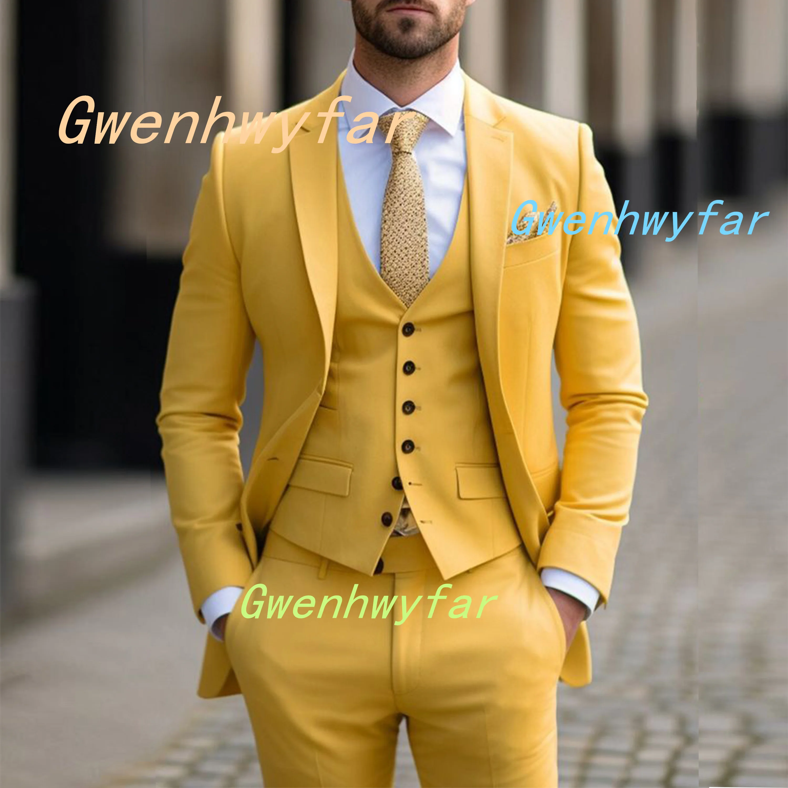 

Gwenhwyfar 2025 2025 Autumn New Men's 3-Piece Suits Yellow Single Breasted Coat with Vest Slim Pants Elegant Men's Wedding Set