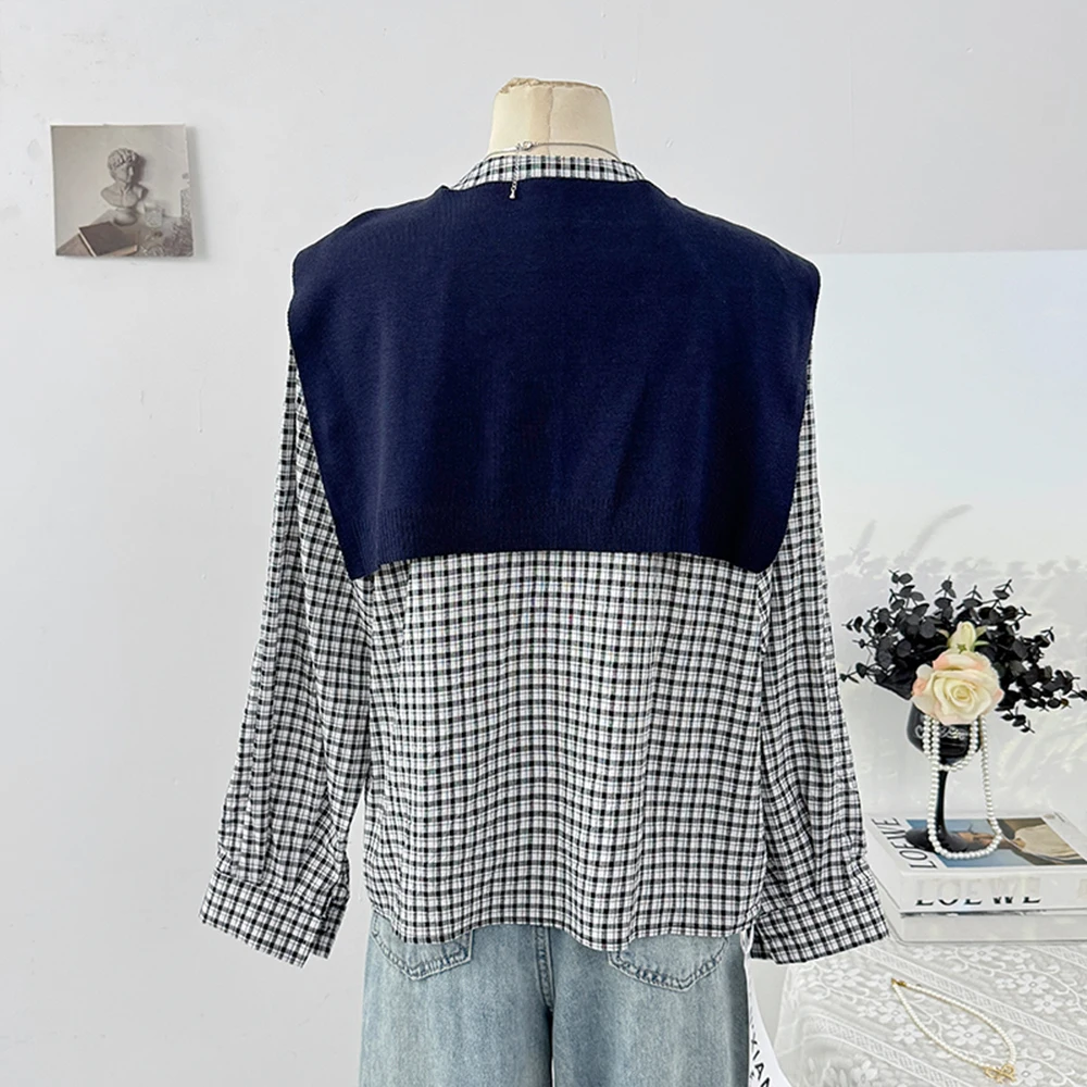 Vintage Plaid Pattern Long Sleeve Shirt Minimalist Korean Style Design with Detachable Cape Blouse Womens Clothing Tops