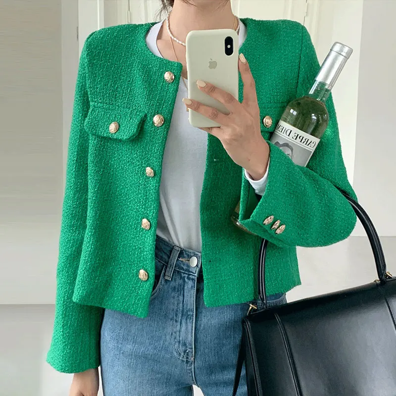Elegancki, wiosenny, miękki, okrągły, metalowy, pojedynczy guzik, luźny, uniwersalny, mały, francuski, cienki, tweedowy płaszcz dla kobiet.