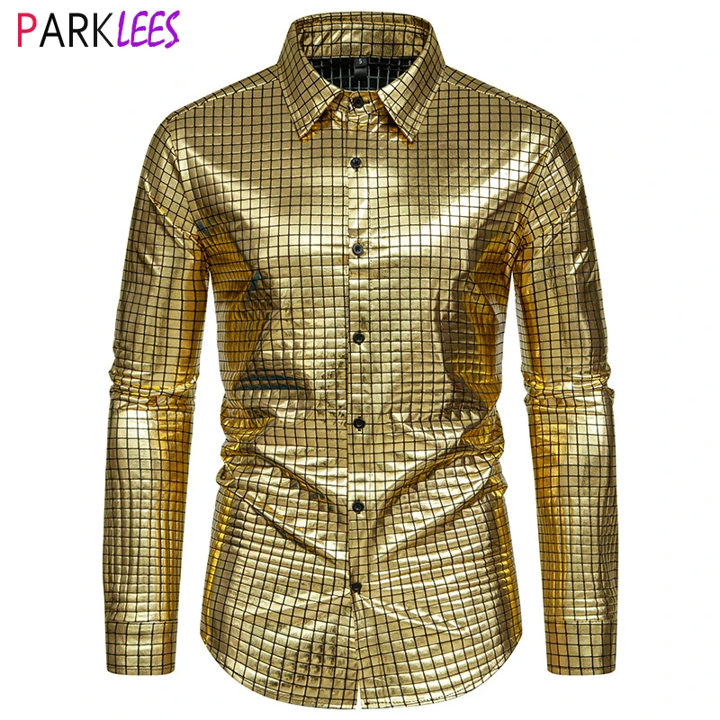 Shiny Gold Plaid Metallic Shirt for Men 2024 New 70s Disco Party Halloween Costume Shirt Stage Party Performance Chemise Homme