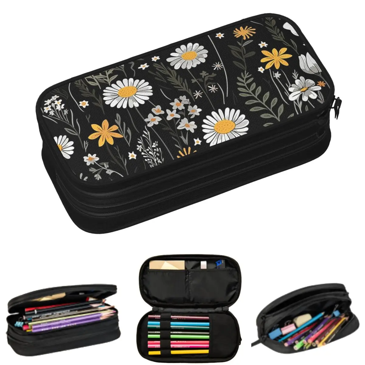 

Cartoon White Daisy And Black Leaves Pattern Pencil Cases for Students Gifts Pen Box Pencil Bag Large Capacity Pencil Pouch