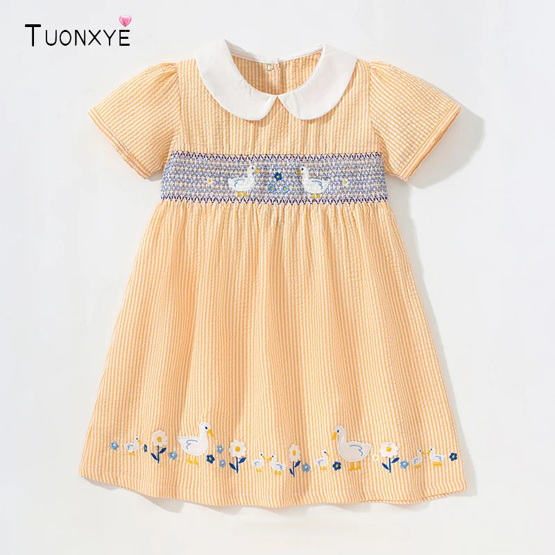 TUONXYE Baby Girls Woven Striped Dress Collar Embroidery Duck Floral Back Button Short Sleeve Toddler Kids Summer Casual Dresses