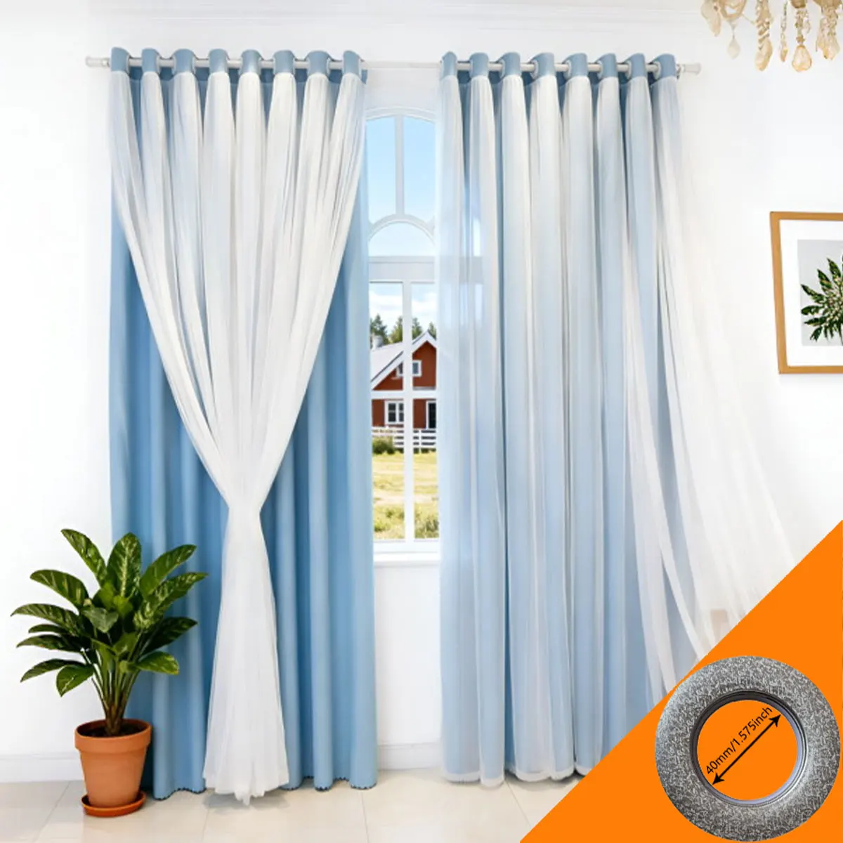 Blue‑White Double Layer Grommet Curtains 2pcs, Sheer Overlay Window Drapes, Modern Decor Curtain for Bedroom Living Room