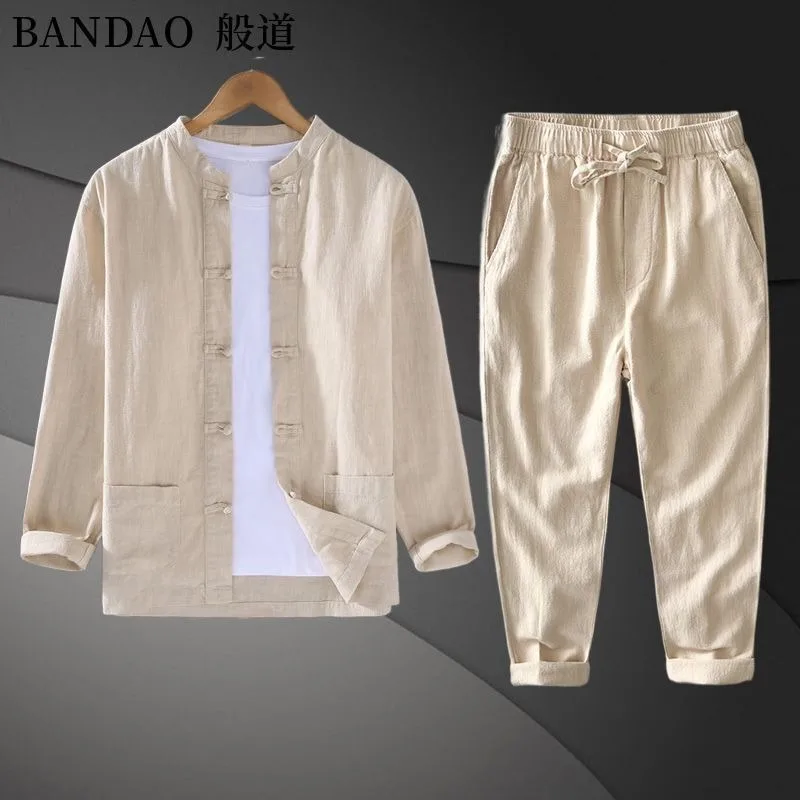 

Men's Linen Tang Chinese Style Frog Button Stand Collar Shirt Drawstring Pants Casual Breathable Cotton Linen Two Piece Outfit