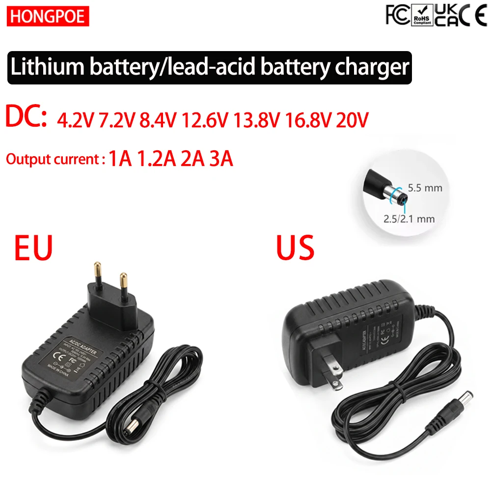 CE Lifepo4 Charger DC Optional 4.2V 7.2V 8.4V 12.6V 13.8V 16.8V 20V Current 1A 1.2A 2A 3A 100-240VAC for LED CCTV Game Consoles