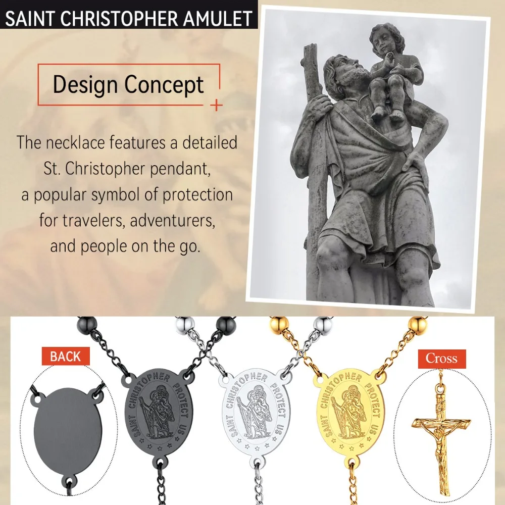 U7 Beaded Rosary Necklace Archangel Saint Christopher Pendant Religious Catholic Cross Crucifix Protection Unisex Daily Jewelry