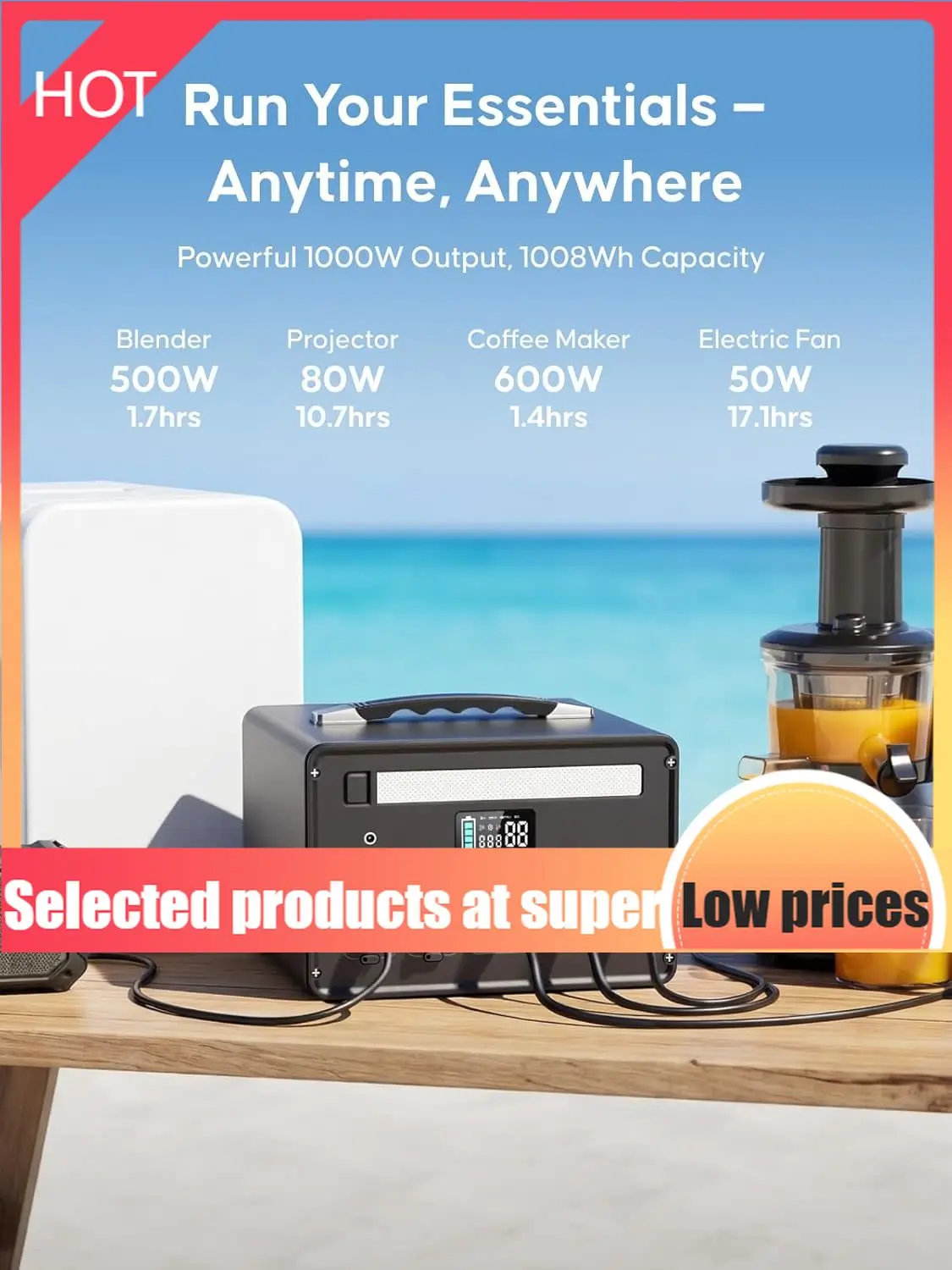 

Limited EditionPortable Power Station 1000W (2000W Surge), 1008Wh LiFePO4 Power Station with 3 AC Outlet, 140W USB-C Fast Chargi
