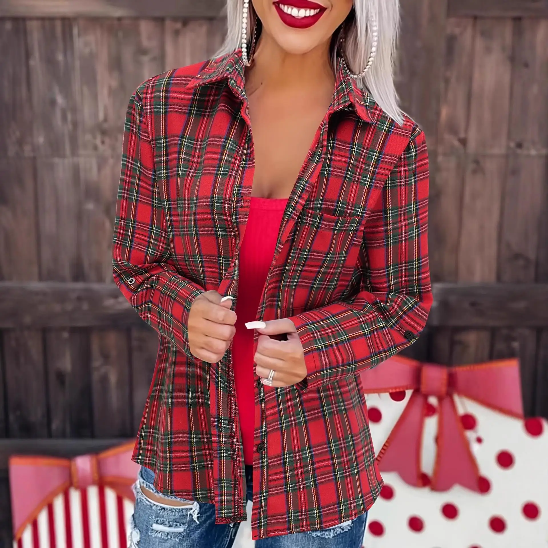 

Women's Vintage Printed Long Sleeve Shirt with Rolled up Sleeves Fashionable Casual Top for Ladies