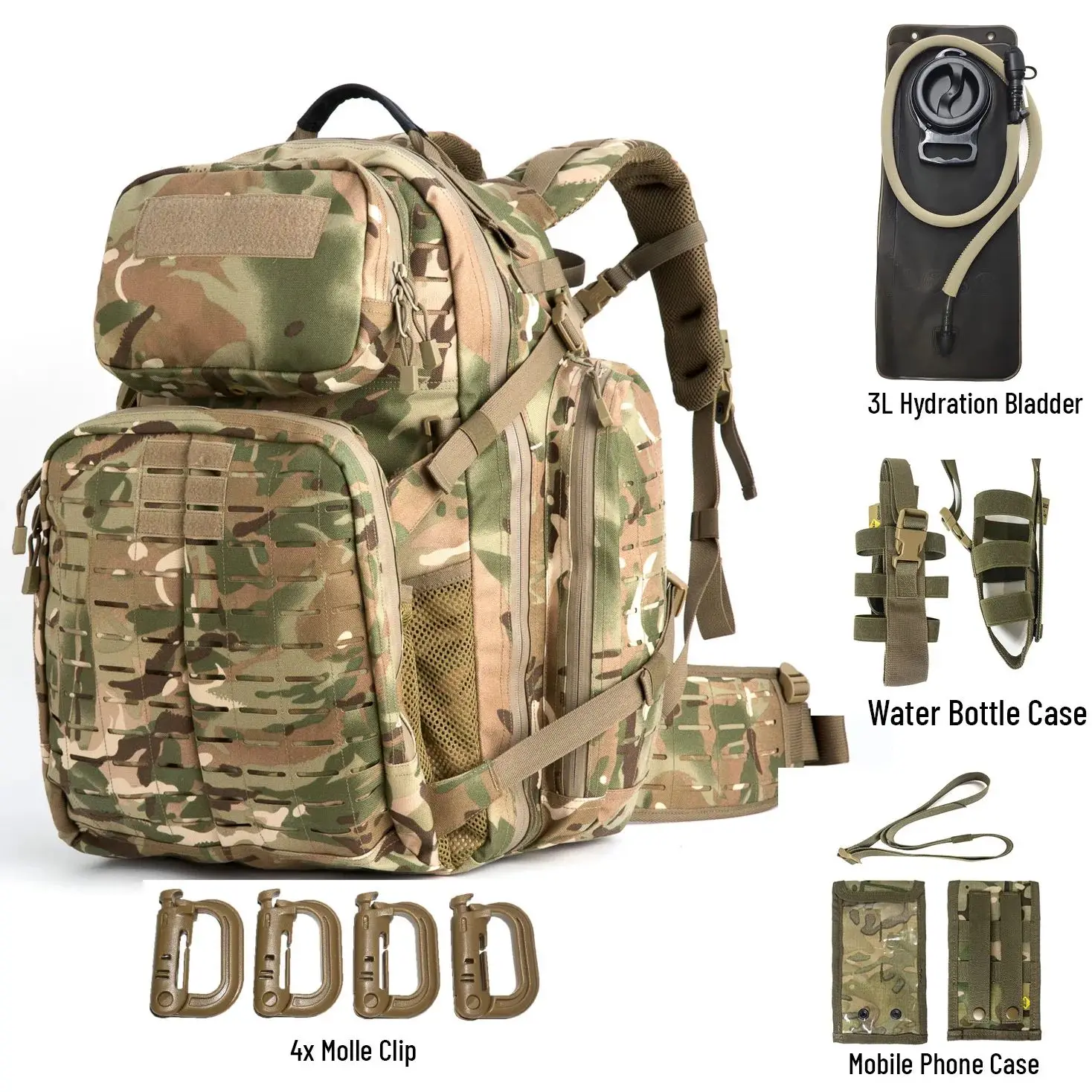 Mt militar médio tático assalto mochila sistema molle 3 dias mochila advanture 72h pacote com saco de hidratação mtp/multicam