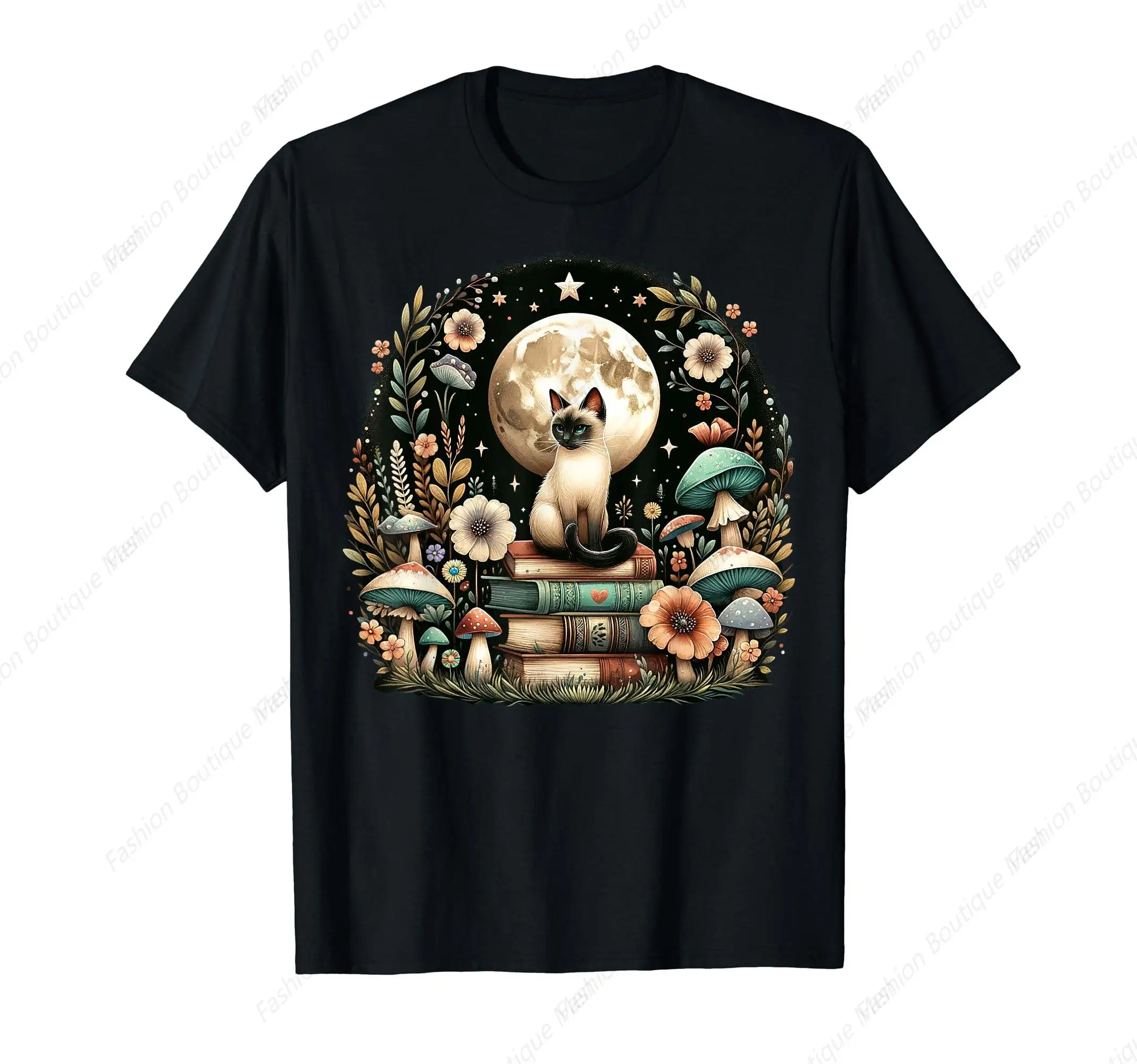 Floral Women Cottagecore Siamese cat Lover T-Shirt  Casual O-Neck Printed  High Quality Tees Top