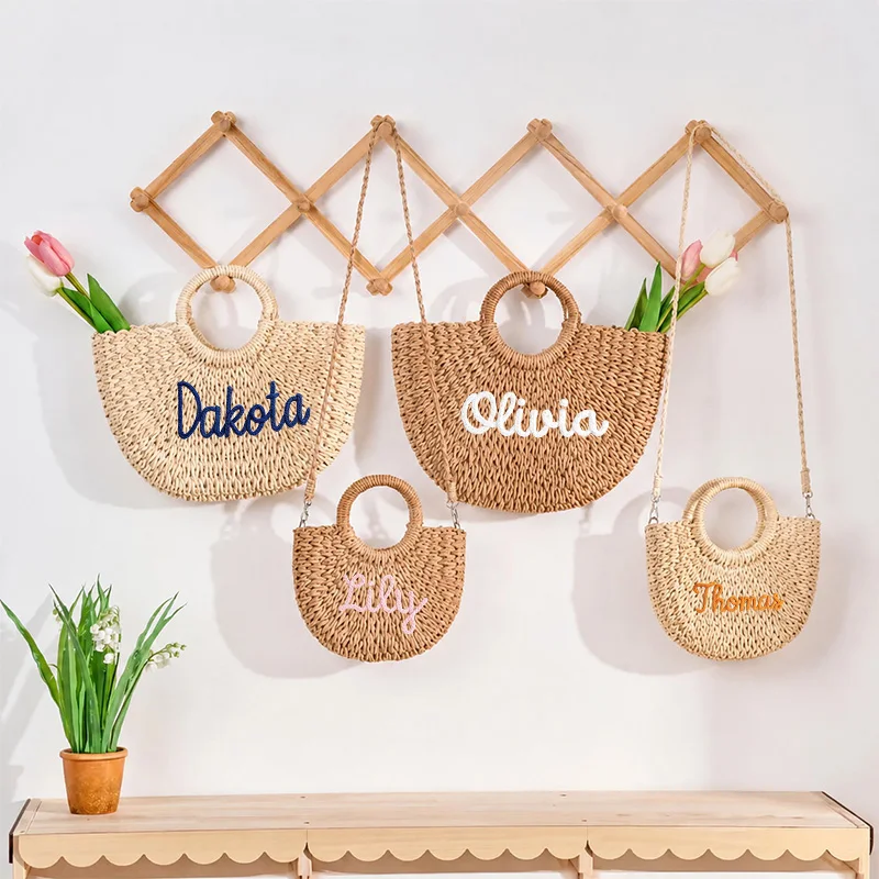 Personalized Mother Daughter Straw Bag Set Custom Large Beach Tote Small Crossbody Me Summer Bags Gift for Her Fashion Handbag