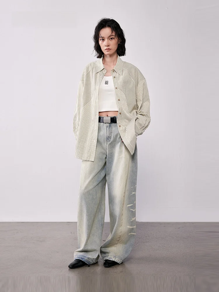 

XMOOM2025 Autumn New Irregular Splicing Loose Striped Long Sve Women's irt Commute Sle Polyester Fiber Casual irt