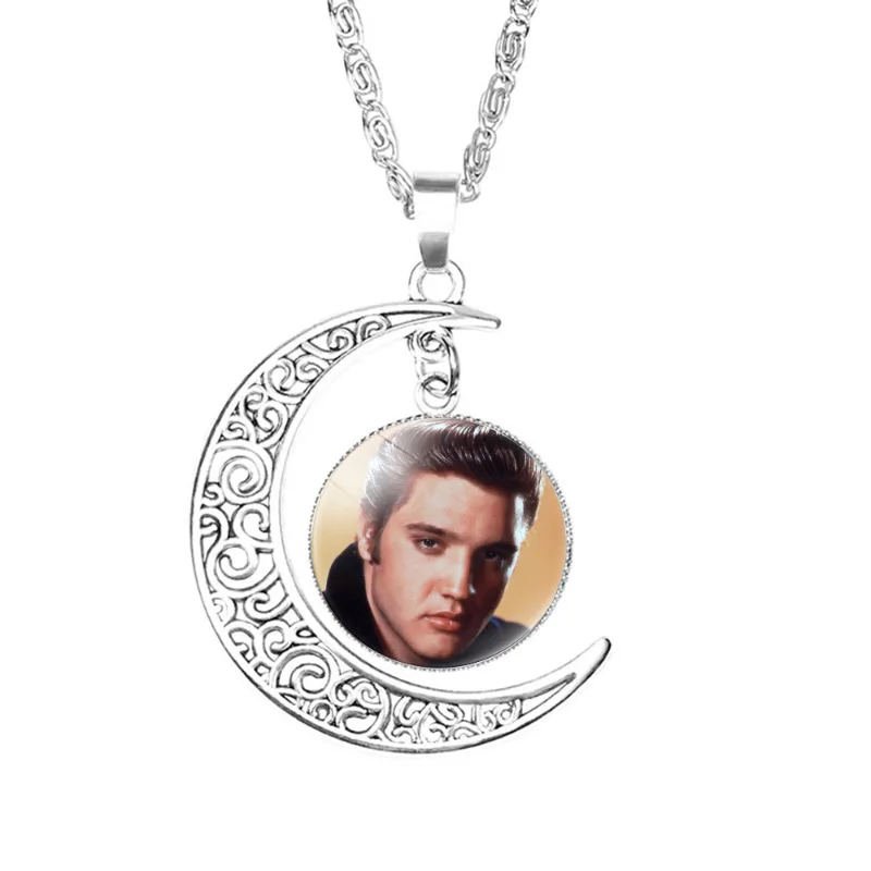 Moon Pendant Elvis Necklace Creative Design Glass Crystal Gem Singer Poster Print Charm Jewelry for Girls Friends Birthday Gift