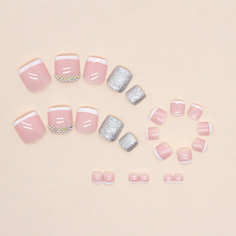 24 Pcs Toenails False Nails with Glue Simple French Toe Nail Press Ons Nails Glitter Rhinestones Cheap Fall Acrylic Nail Tip view 4