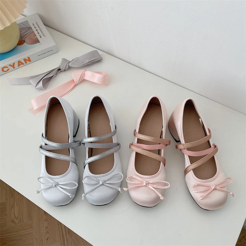 2026 لوليتا نمط لطيف جولة رئيس جين مضخات مع القوس المرأة الحلو فستان الحفلات ميدي الكعوب أحذية موضة صنادل بولي PU #6