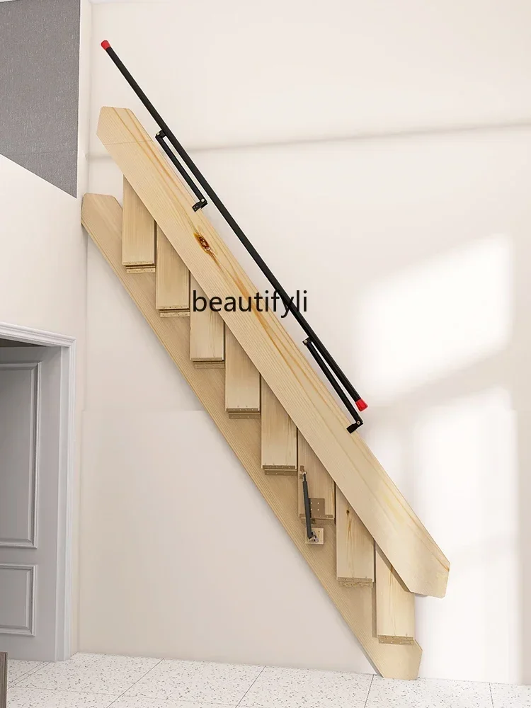 

B178 Side Wall Folding Stairs Home Wall Mount Solid Wood Ladder Attic Apartment Telescopic Invisible Ladder